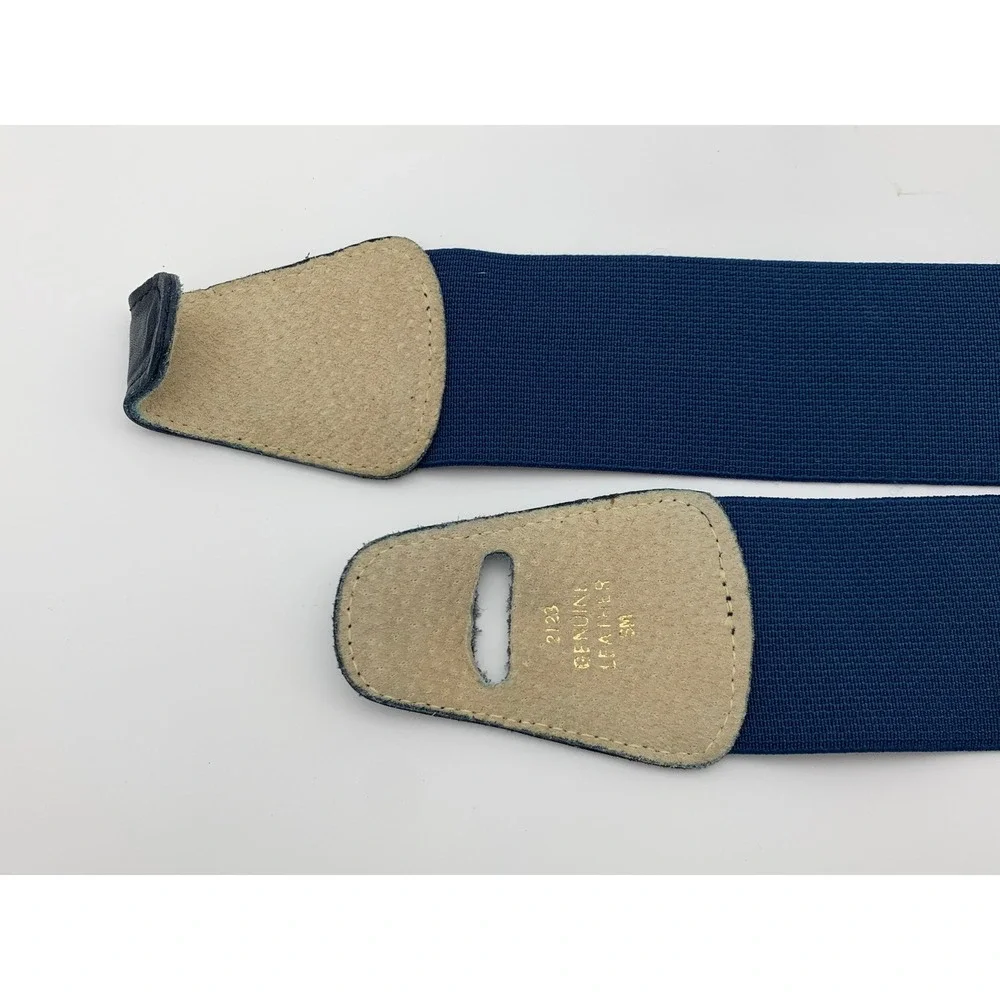 Vintage Navy Blue Elastic Cinch‎ Belt Genuine Leather Bow Closure Small 2123
